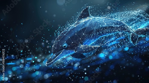 A stylized dolphin leaps out of the water, rendered in a digital, geometric style with glowing blue particles. photo