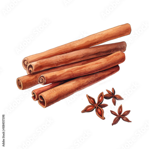 Watercolor painting of cinnamon sticks and star anise, aromatic spices.