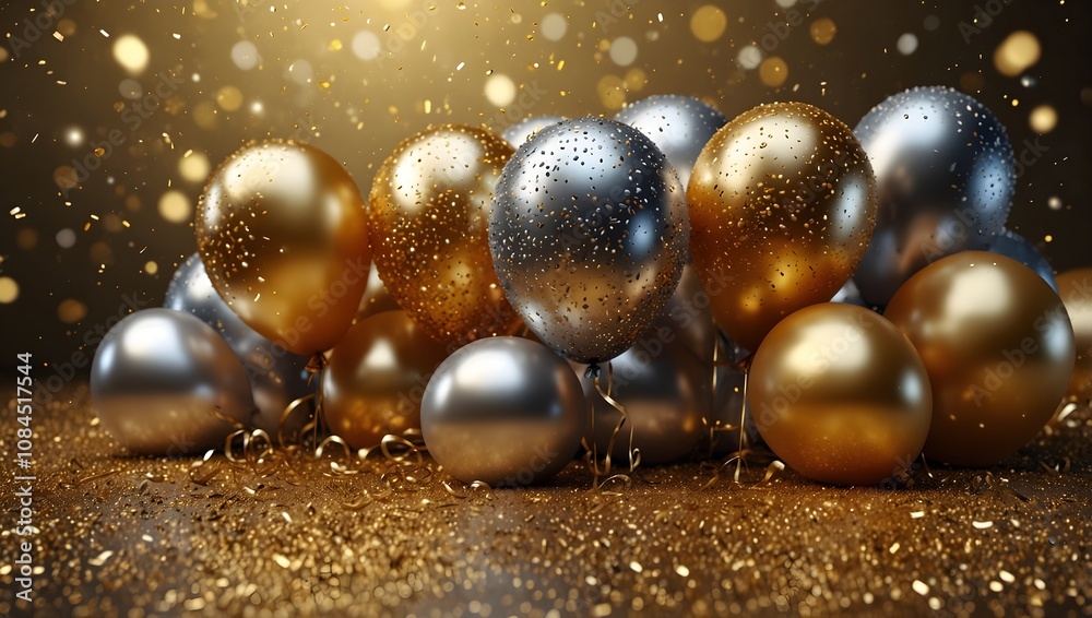 Gold and silver balloons, clustered together on a bed of glittering gold confetti.
Gold and silver balloons, clustered together on a bed of glittering gold confetti.