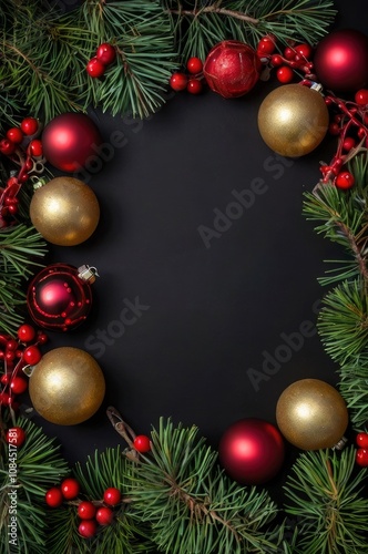 Top view of a christmas frame made of pine twigs, christmas balls, berries and christmas lights with copy space on black background - generative ai