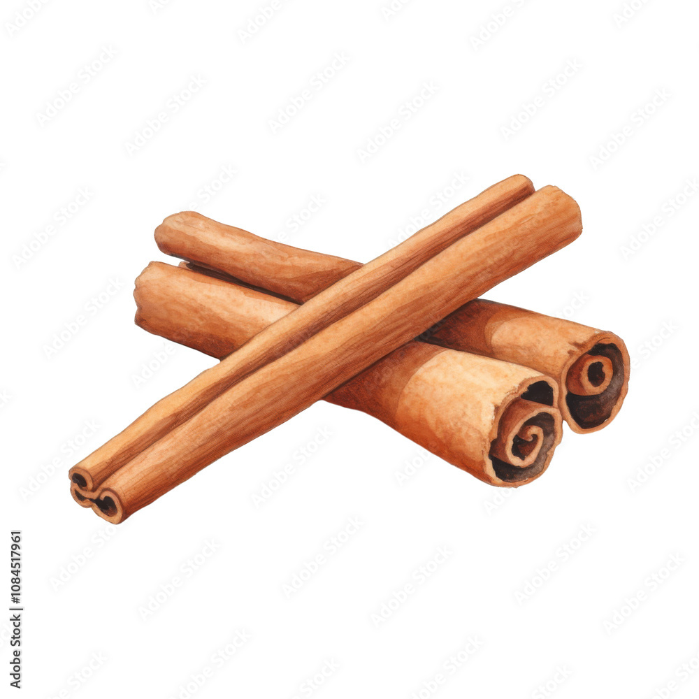 Aromatic Cinnamon Sticks, Watercolor Painting of Spice Aromatic Cinnamon Sticks, Watercolor Painting of Spice