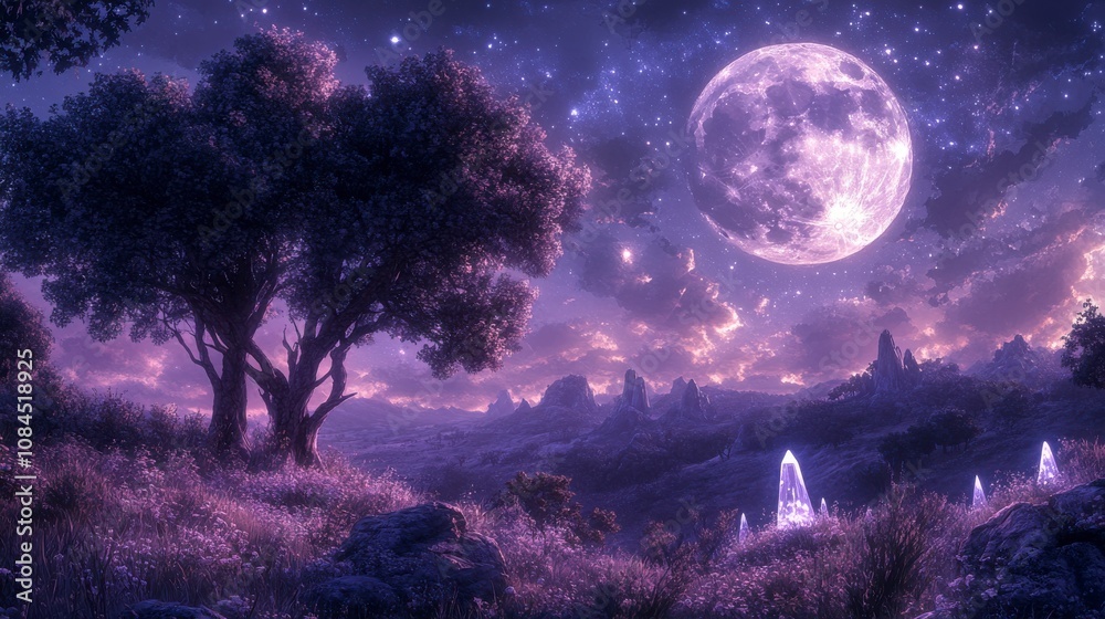 Enchanted Purple Landscape Under a Glowing Moon Enchanted Purple Landscape Under a Glowing Moon