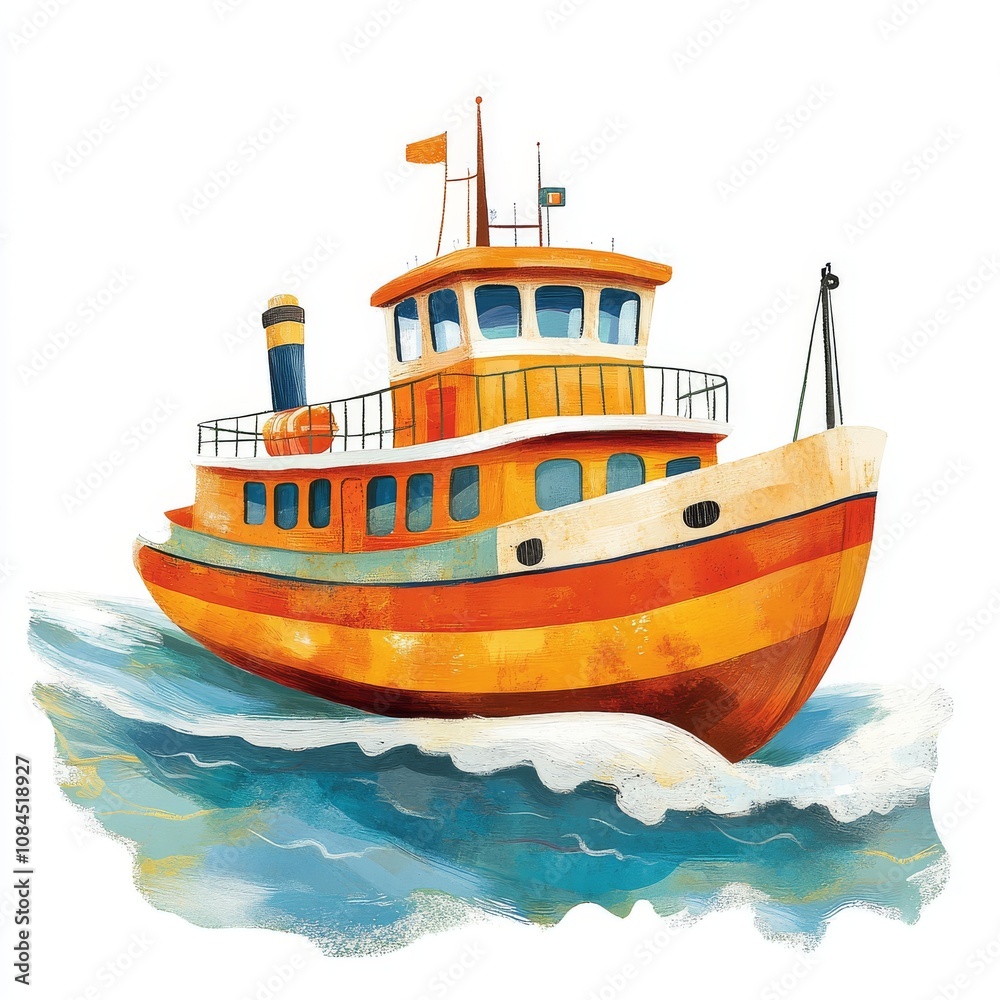 Fototapeta premium Playful Passenger Boat Adventure: Colorful Cartoon Illustration for Children's Book on Water Travel 