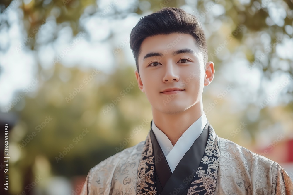 Portrait of a handsome young Chinese man dressed in elegant traditional clothing to celebrate a heritage festive Portrait of a handsome young Chinese man dressed in elegant traditional clothing to celebrate a heritage festive