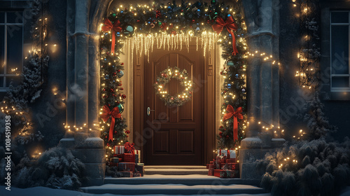 A doorway framed with glowing icicle lights and an arch of garlands adorned with ornaments and bows photo