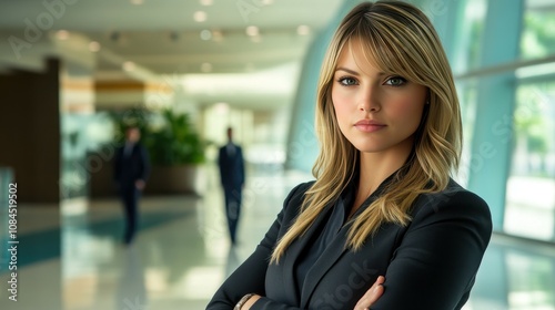 A confident businesswoman stands with her arms crossed, dressed in a professional outfit. The setting features a sleek office with blurred colleagues in the background during a meeting