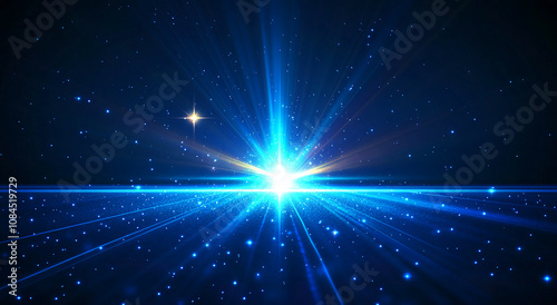 A vibrant blue explosion lights up a dark space, resembling a cosmic event. Bright rays extend outward, evoking wonder and the universe's vastness