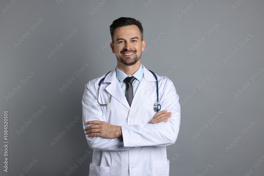 Smiling doctor with stethoscope on grey background Smiling doctor with stethoscope on grey background