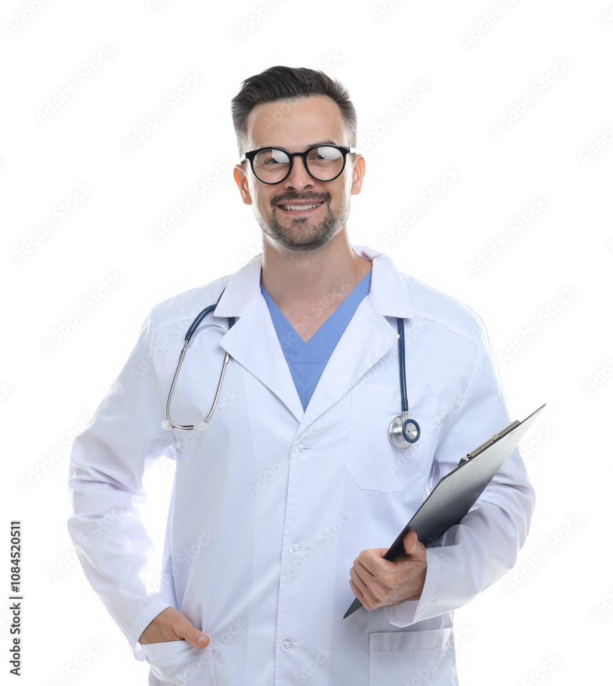Smiling doctor with stethoscope and clipboard isolated on white Smiling doctor with stethoscope and clipboard isolated on white