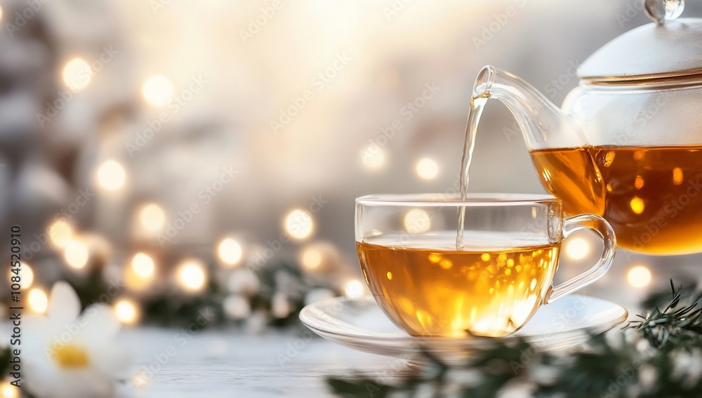 A teapot pouring tea into a glass cup, surrounded by soft lights. A teapot pouring tea into a glass cup, surrounded by soft lights.