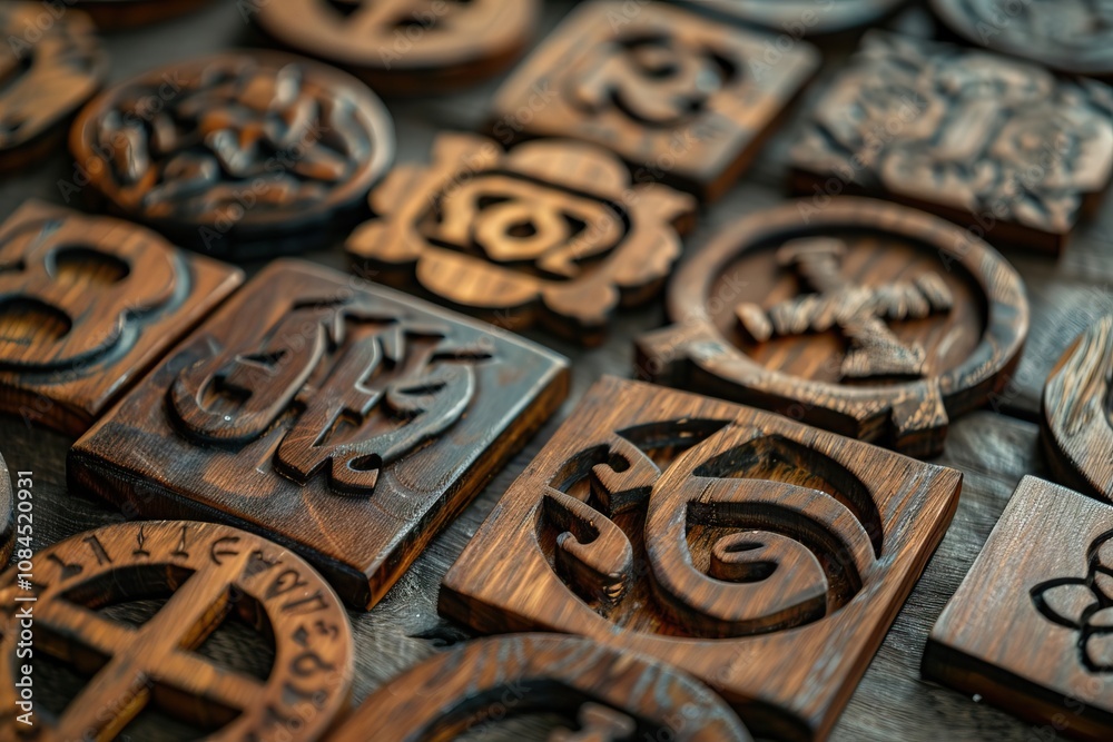 Obraz premium Wooden religious symbols representing various faiths and spirituality.