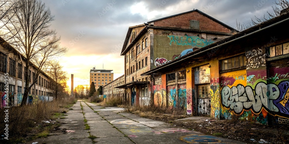 Fototapeta premium Urban Exploration Photography of Mariensule: Captivating Views of Abandoned Structures and Graffiti Art in a Forgotten Cityscape, Showcasing the Beauty of Urban Decay and History