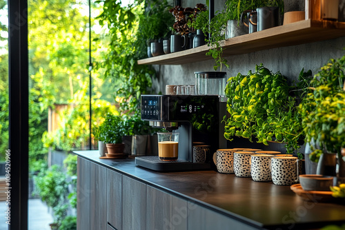 Smart Coffee Machine with Digital Touchscreen in Modern Kitchen Surrounded by Indoor Plants