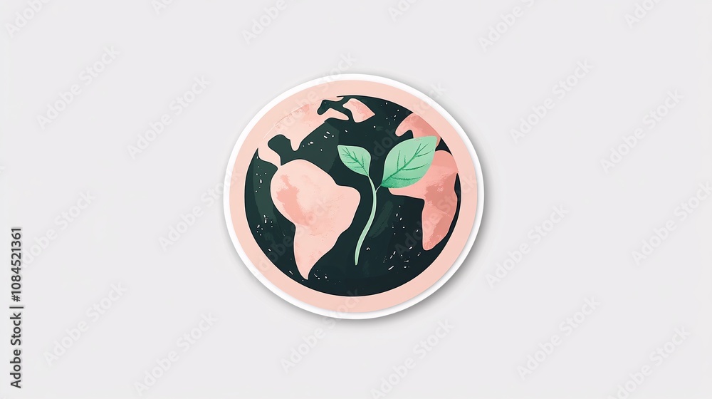 Artistic sticker of earth in soft green and pink shades with one leaf sprouting from it, a symbol of hope and environmental promise Artistic sticker of earth in soft green and pink shades with one leaf sprouting from it, a symbol of hope and environmental promise