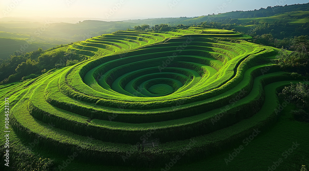 Mesmerizing Aerial View of Curved Agricultural Terraced Fields - Generative AI Mesmerizing Aerial View of Curved Agricultural Terraced Fields - Generative AI