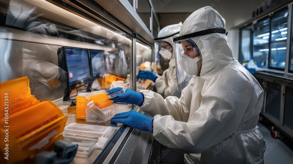 Scientists wearing protective gear working in a laboratory with computer screens and scientific equipment, handling samples and conducting experiments in a clean room environment. Scientists wearing protective gear working in a laboratory with computer screens and scientific equipment, handling samples and conducting experiments in a clean room environment.