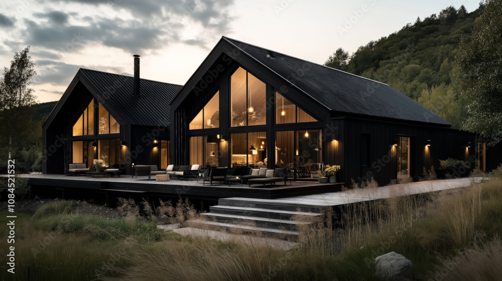 Modern black house with large windows and deck situated in a wooded landscape at sunset, featuring outdoor seating and ambient lighting Modern black house with large windows and deck situated in a wooded landscape at sunset, featuring outdoor seating and ambient lighting