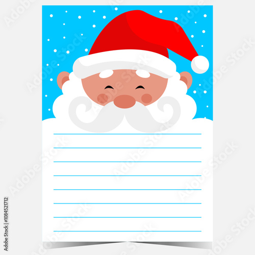 Christmas postcard blank template with empty lines to fill out on the beard of the funny character Santa Claus. Ready to print or for web Christmas letter or wish list for kids during winter holidays.