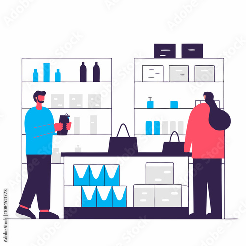 Illustration of customers shopping in a retail store with shelves of products on white background