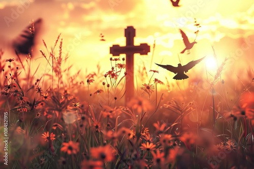 Easter Religious concept  Silhouette cross and birds flying on meadow autumn sunrise