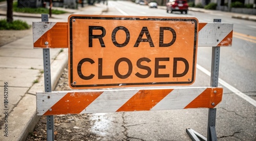 Orange Road Closed Sign Blocking Access to Street During Construction Work. Generative AI