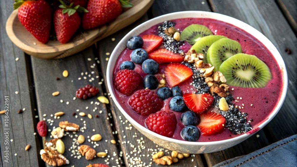 Vibrant Berry Smoothie Bowl Topped with Fresh Fruits, Nuts, and Seeds for a Healthy Breakfast Option, Perfectly Styled for Food Photography Lovers Vibrant Berry Smoothie Bowl Topped with Fresh Fruits, Nuts, and Seeds for a Healthy Breakfast Option, Perfectly Styled for Food Photography Lovers