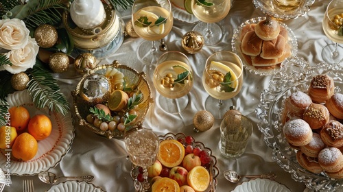 A festive table setting with white wine, fruit, pastries, and gold decorations. photo