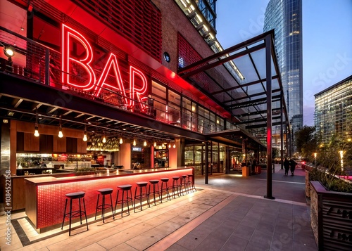 Vibrant Bar and Kitchen with Red Neon Sign Illuminating Urban Nightlife in a Modern Architectural Setting