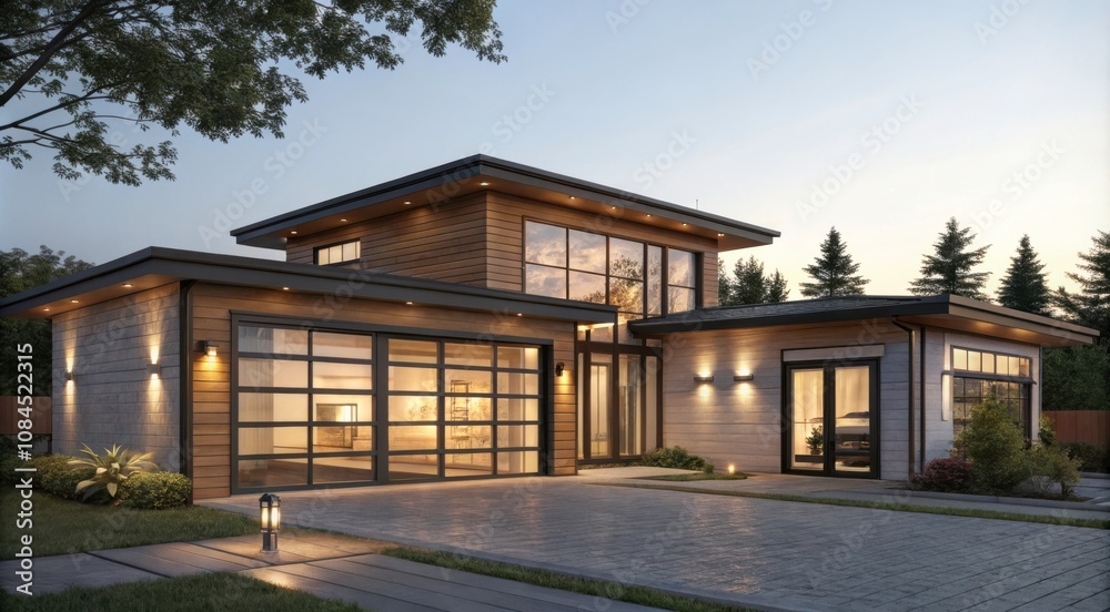Modern One Story House With Large Windows in a Serene Neighborhood During Sunset. Generative AI Modern One Story House With Large Windows in a Serene Neighborhood During Sunset. Generative AI