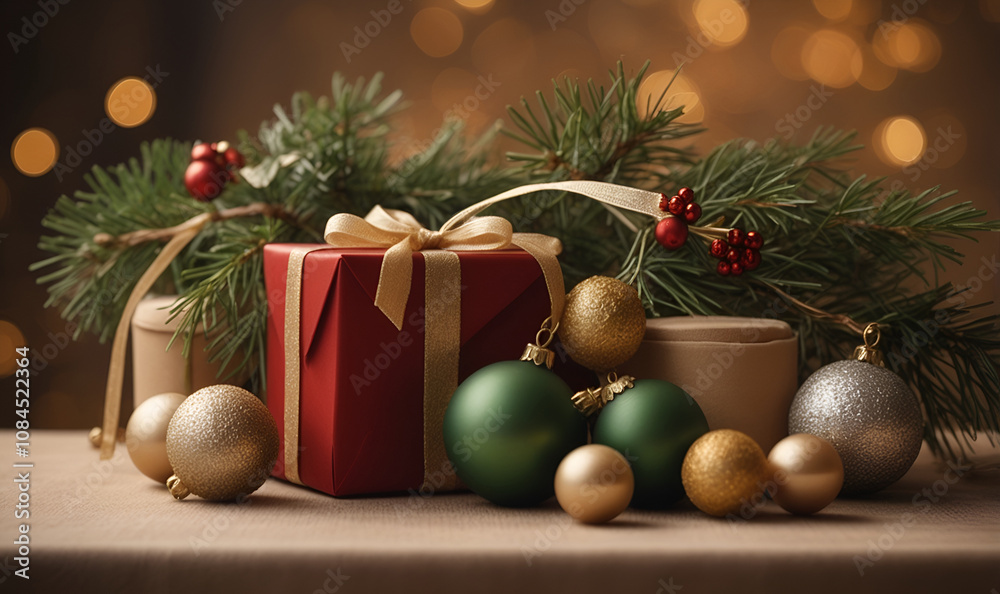 Elegant New Year's Eve composition with champagne and a gift under the tree. Elegant New Year's Eve composition with champagne and a gift under the tree.