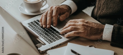 Senior Man Using Laptop, Working from Home or Cafe