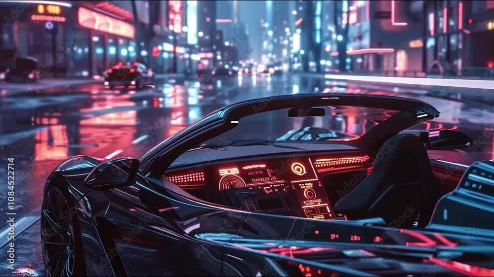 Innovative sports car interior in cyberpunk futuristic city, lights at night Innovative sports car interior in cyberpunk futuristic city, lights at night