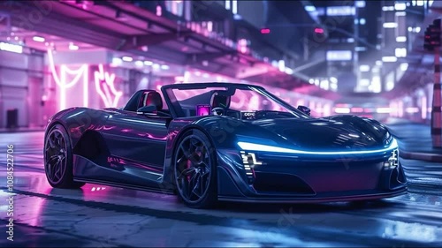 Innovative sports car in cyberpunk futuristic city, lights at night
