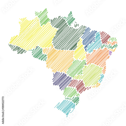 Brazil with states, thread map line vector illustration 1