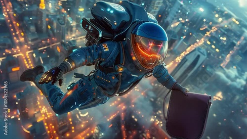 A person flies above futuristic city using jetpack, innovative technologies of mobility