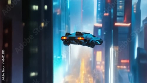 Flying car in cyberpunk futuristic city, future of vehicles, city landscape photo