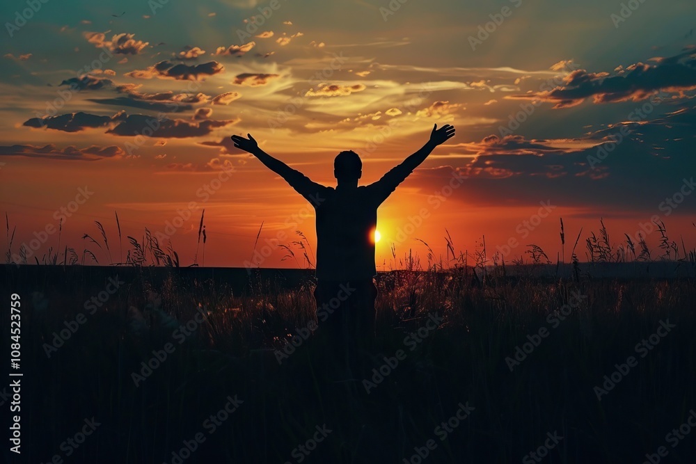 Silhouette of a man with hands raised in the sunset concept for religion worship prayer and praise Silhouette of a man with hands raised in the sunset concept for religion worship prayer and praise