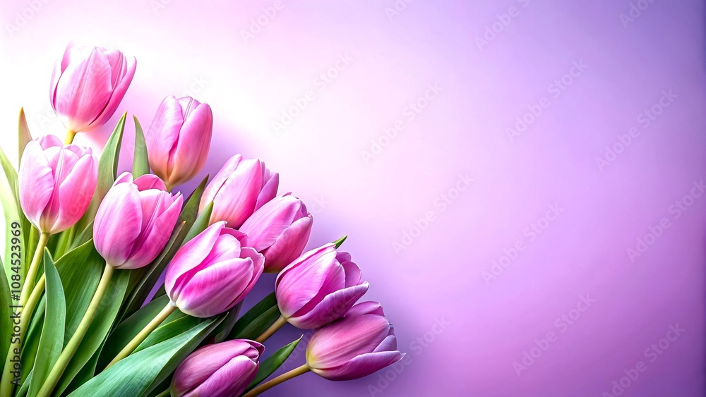 Vibrant Illustration of Pink Tulips on a Soft Violet Background with Ample Copy Space for Creative Use in Floral Designs and Spring Themes Vibrant Illustration of Pink Tulips on a Soft Violet Background with Ample Copy Space for Creative Use in Floral Designs and Spring Themes