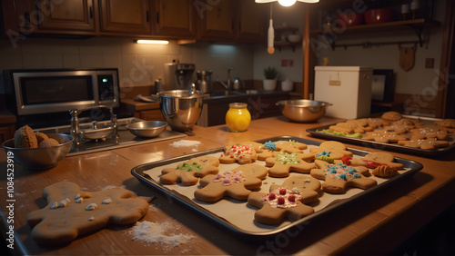 Cozy kitchen scene with freshly baked gingerbread cookies decorated for the holiday season