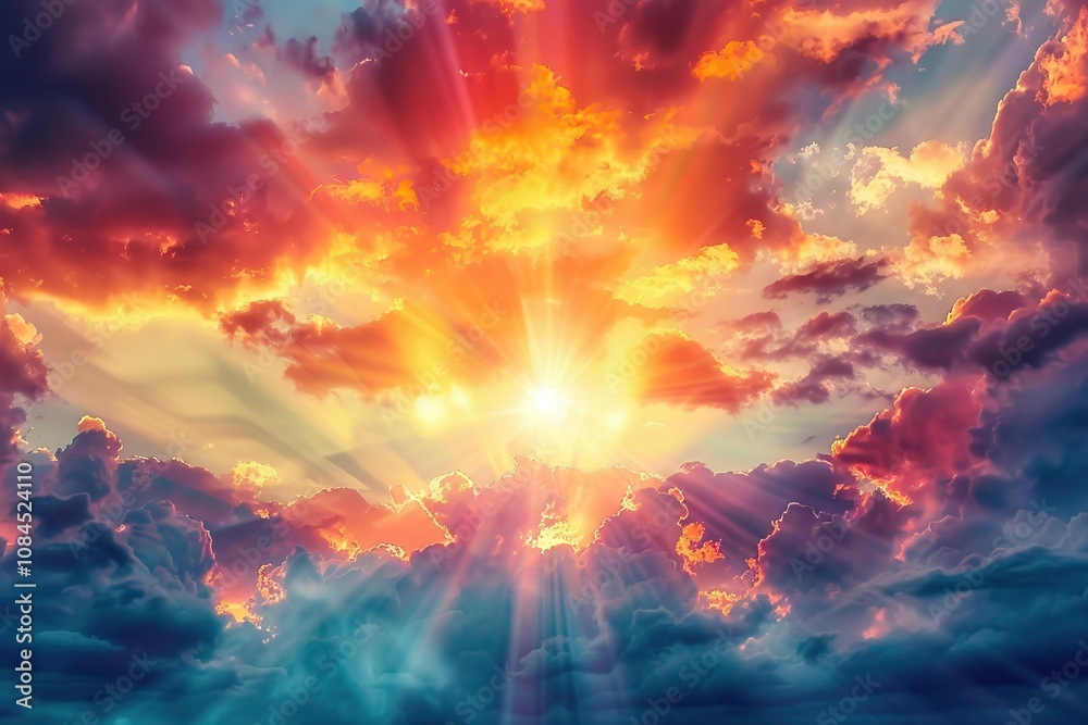Sun rays through dark clouds at sunset symbolize hope and grace. Sun rays through dark clouds at sunset symbolize hope and grace.