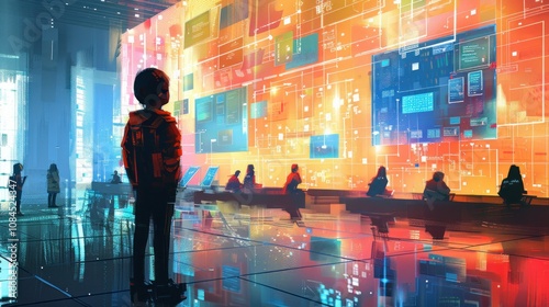 A young boy stands in a futuristic space filled with glowing digital screens, surrounded by other people.