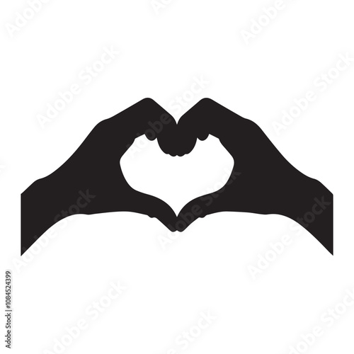 Two hands forming a heart shape. Hand silhouettes making a hand heart gesture. Black silhouettes on transparent background