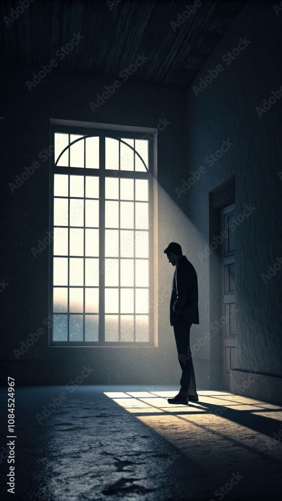 Fototapeta premium Man Stands Pensively Near a Bright Window in a Dark Room During the Evening Light. Generative AI