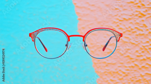 Stylish eyeglasses floating on vibrant split colored background photo