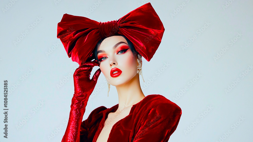 The girl is dressed modern fashion statement of 2025: a striking red velvet dress with dramatic puffed sleeves, a large bow, and bold, confident styling