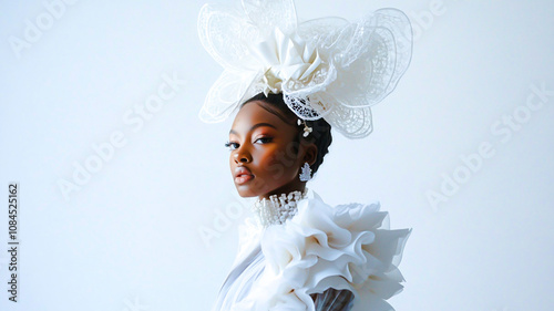 The African American girl is dressed modern fashion statement of 2025: a striking white velvet dress with dramatic puffed sleeves, a large bow, and bold, confident styling