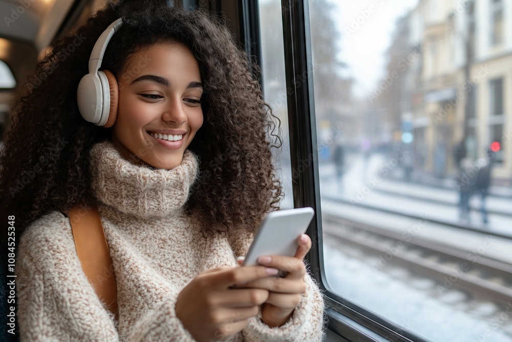 Fototapeta premium A woman is sitting on a train with her phone in her hand. She is smiling and she is enjoying herself