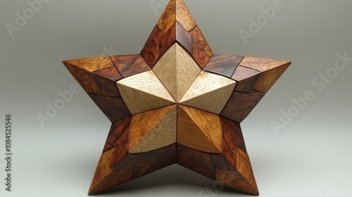 Intricately designed wooden star puzzle showcasing various wood textures and colors