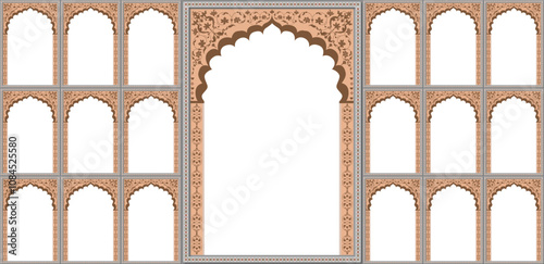 Set of windows Beautiful Arch small & Big Design with Indian Rajasthani fort and Culture. Wedding Backdrop & other uses. Abstract Indian floral rug design, Persian carpet, tribal texture, Vector file.
