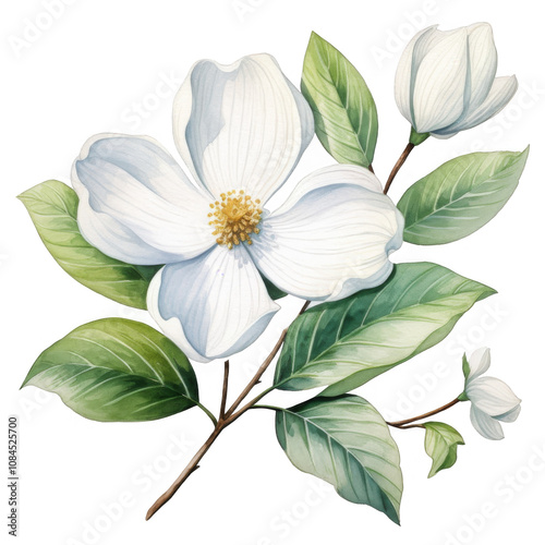 Watercolor painting of a dogwood blossom branch with multiple white flowers and green leaves.